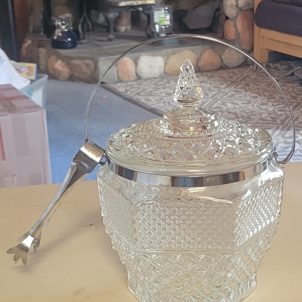 Clear Pressed Glass Biscuit Jar with Silver-Tone Handle